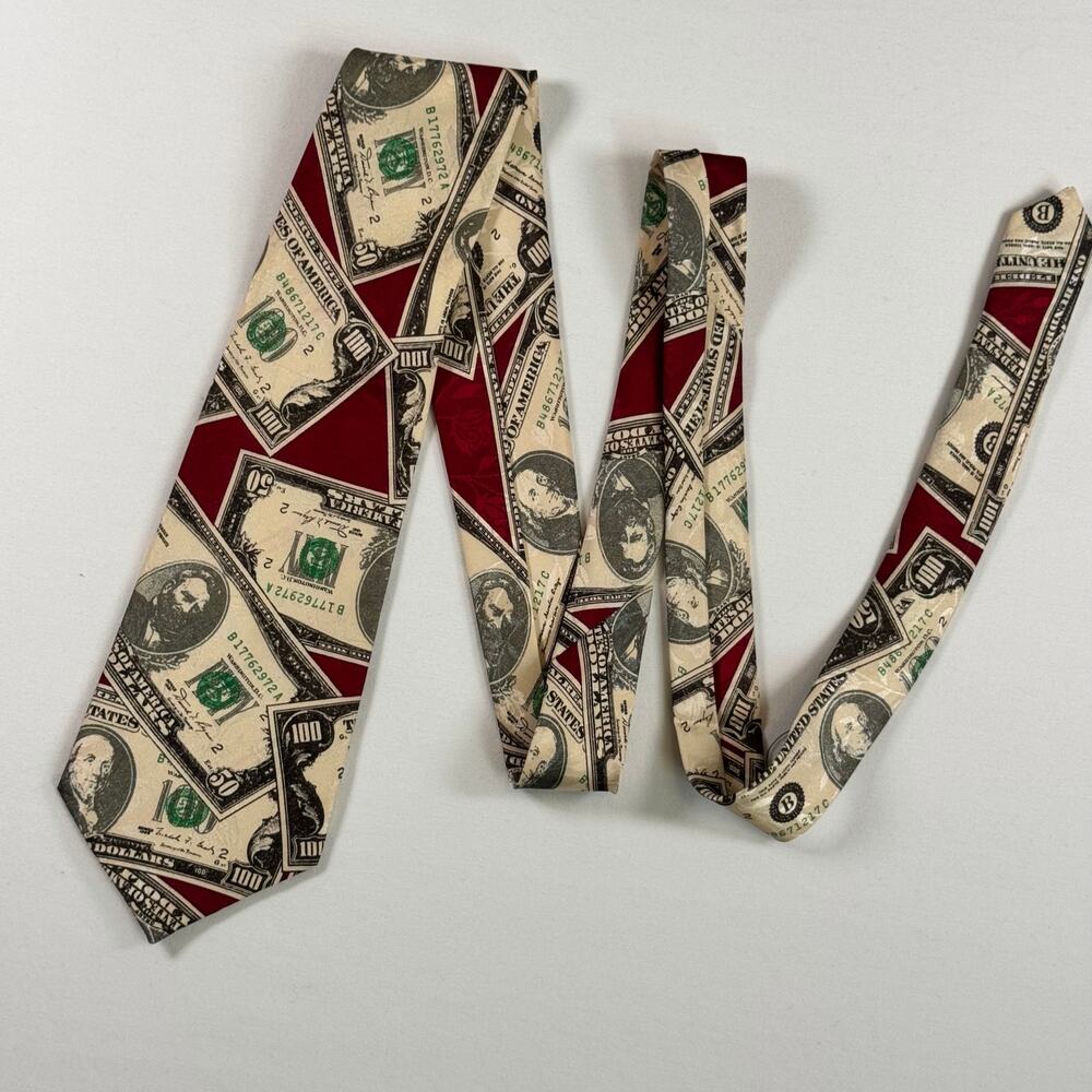Renaissance Men’s Handmade Neck Tie Money Print Red $100 Dollar Bill Novelty EUC
